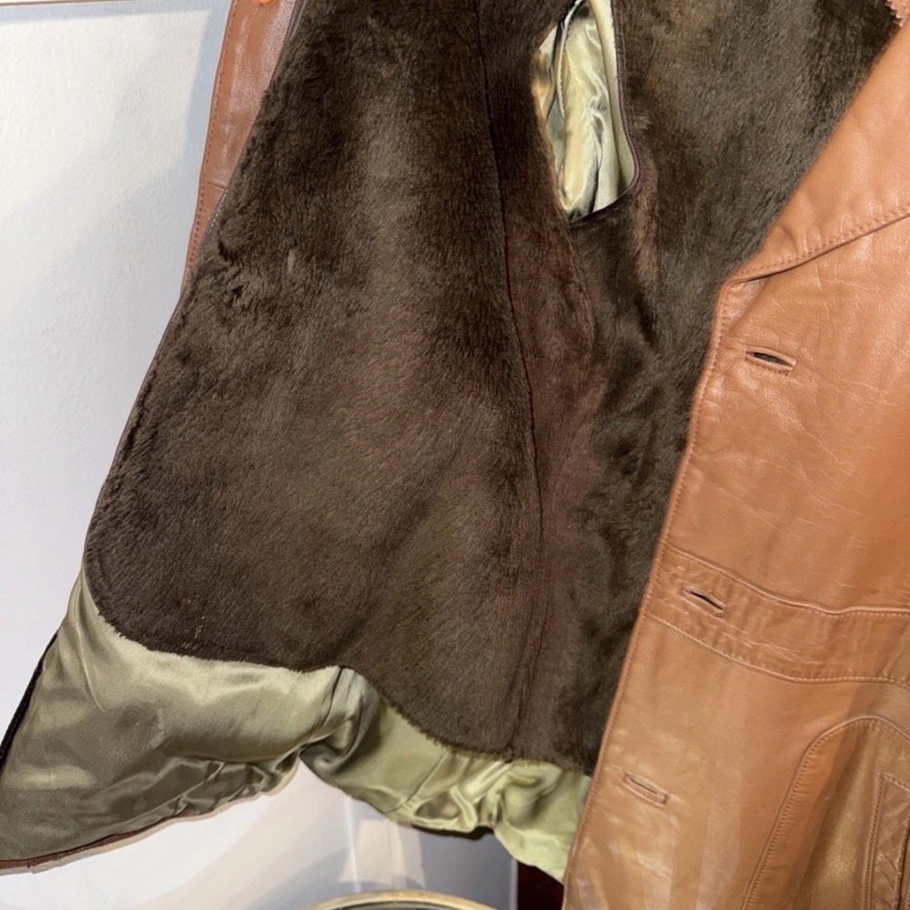 Vintage Imperial Brown Leather Coat Men’s Size 40L Made in Korea Faux Fur - Picture 4 of 7